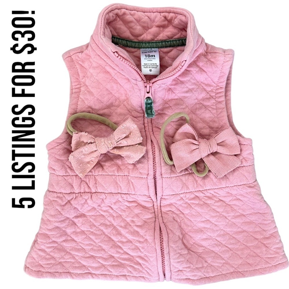 Carter’s 18 month baby girl zip vest jacket and matching bows - Picture 2 of 10